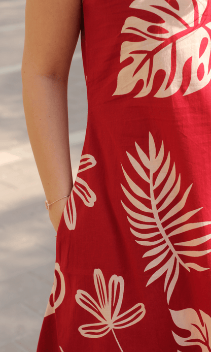 Cotton Red Big Leaf Sleeveless A line Kurta & Pants Coord - Baareeki