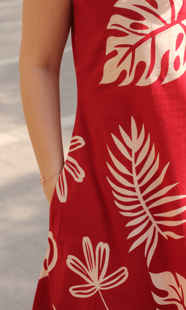 Cotton Red Big Leaf Sleeveless A line Kurta & Pants Coord - Baareeki