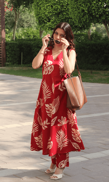 Cotton Red Big Leaf Sleeveless A line Kurta & Pants Coord - Baareeki