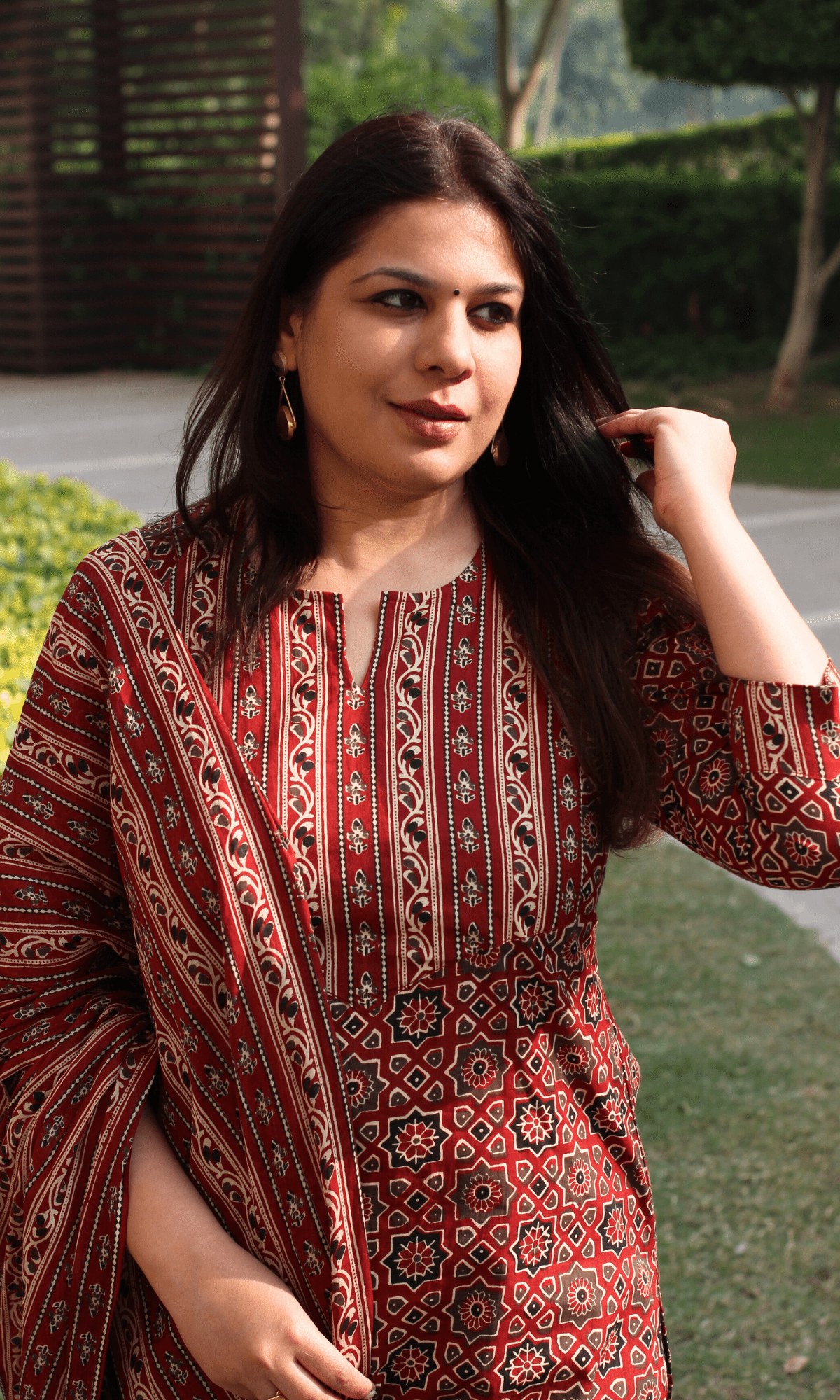 Cotton Red & Black Ajrakh Print Suit With Cotton Dupatta - Baareeki