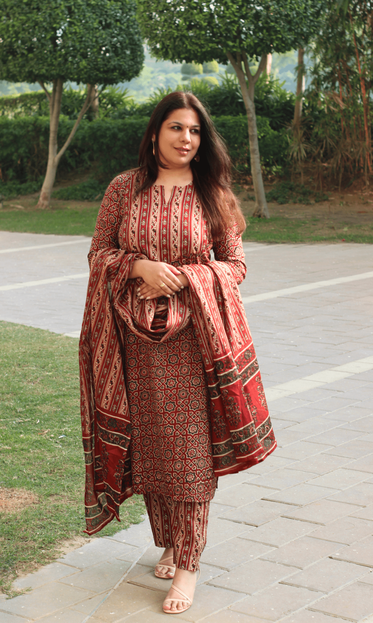 Cotton Red & Black Ajrakh Print Suit With Cotton Dupatta - Baareeki