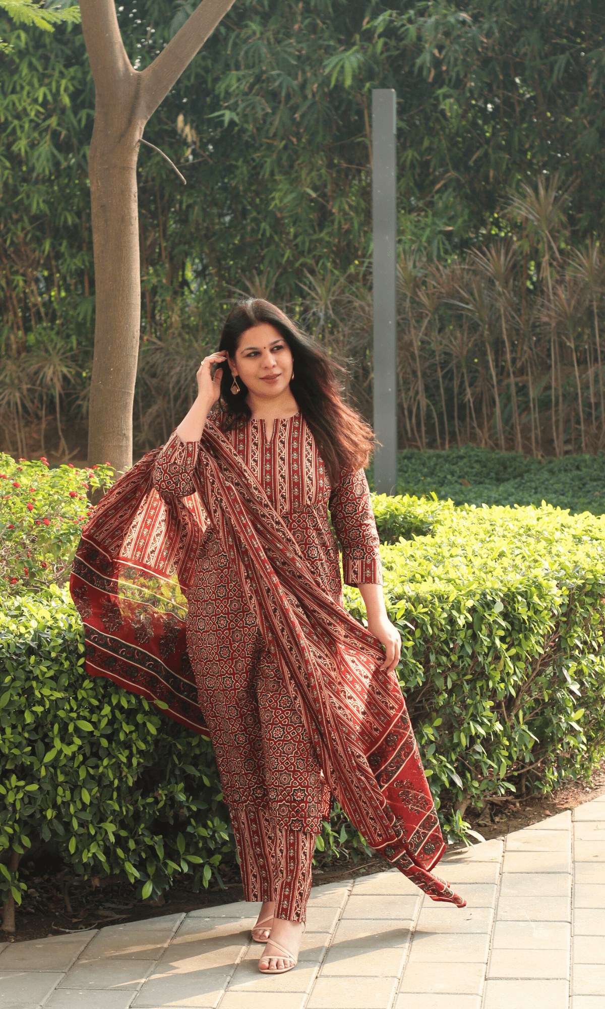 Cotton Red & Black Ajrakh Print Suit With Cotton Dupatta - Baareeki