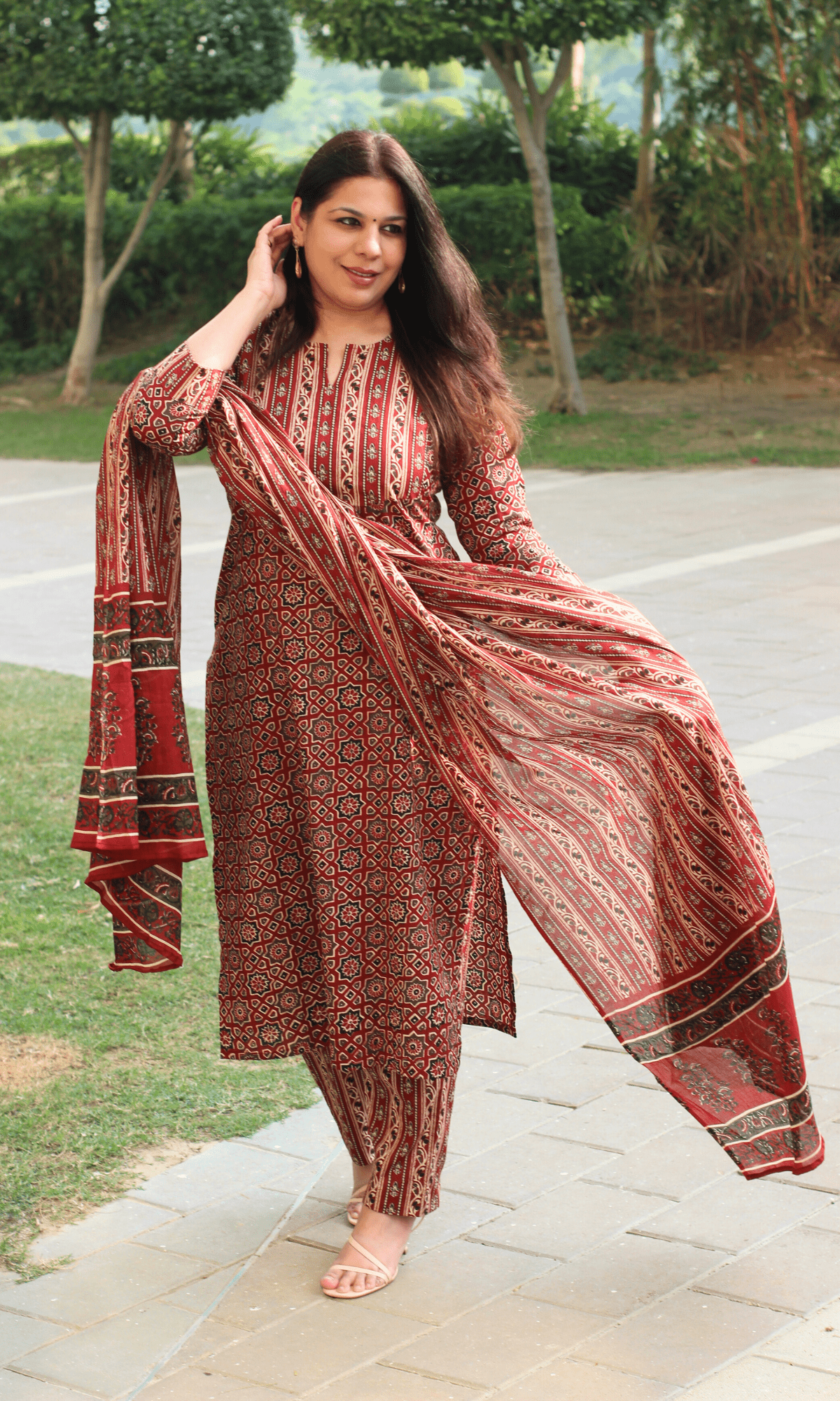 Cotton Red & Black Ajrakh Print Suit With Cotton Dupatta - Baareeki