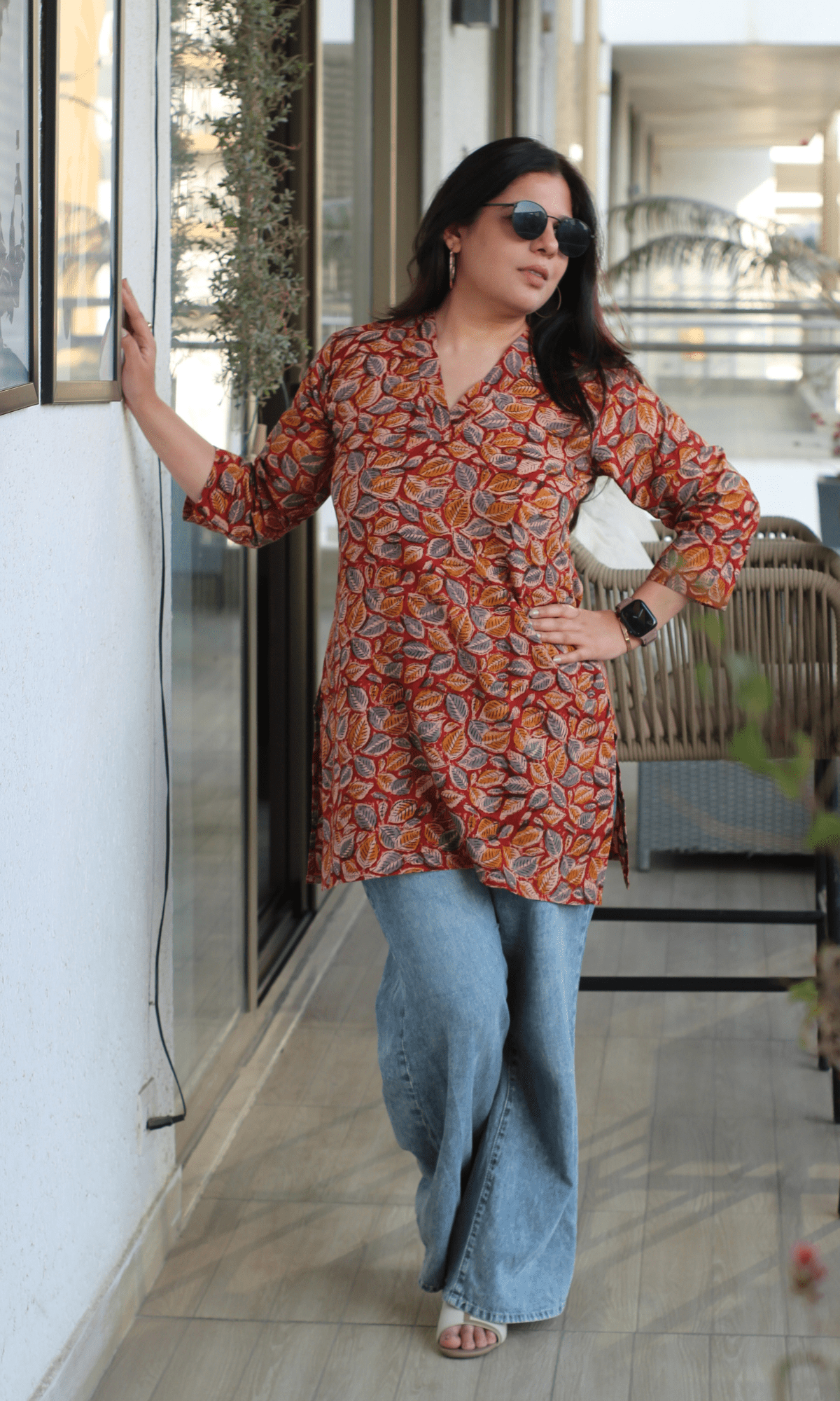 Cotton Red & Blue Leaf Print Kalamkari Short Kurta - Baareeki