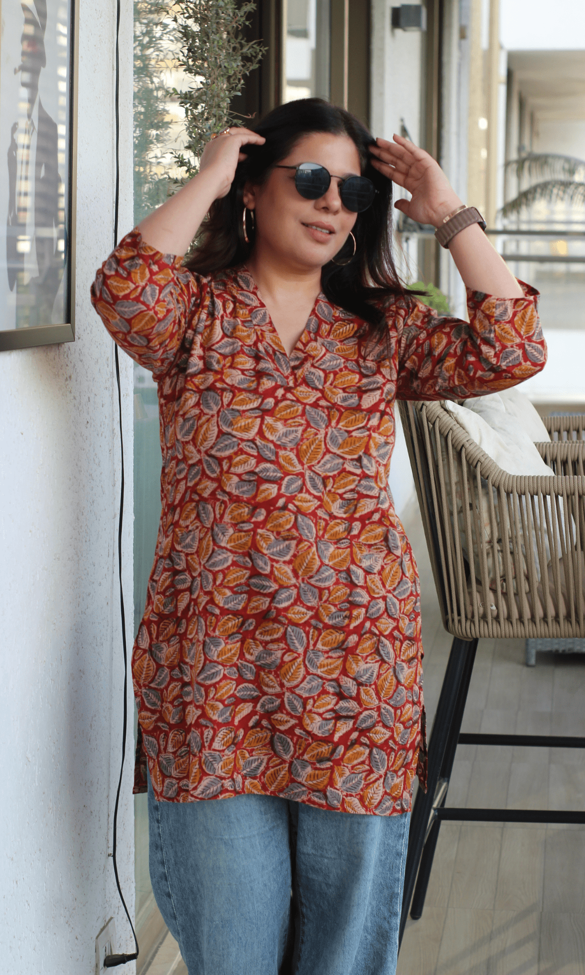 Cotton Red & Blue Leaf Print Kalamkari Short Kurta - Baareeki