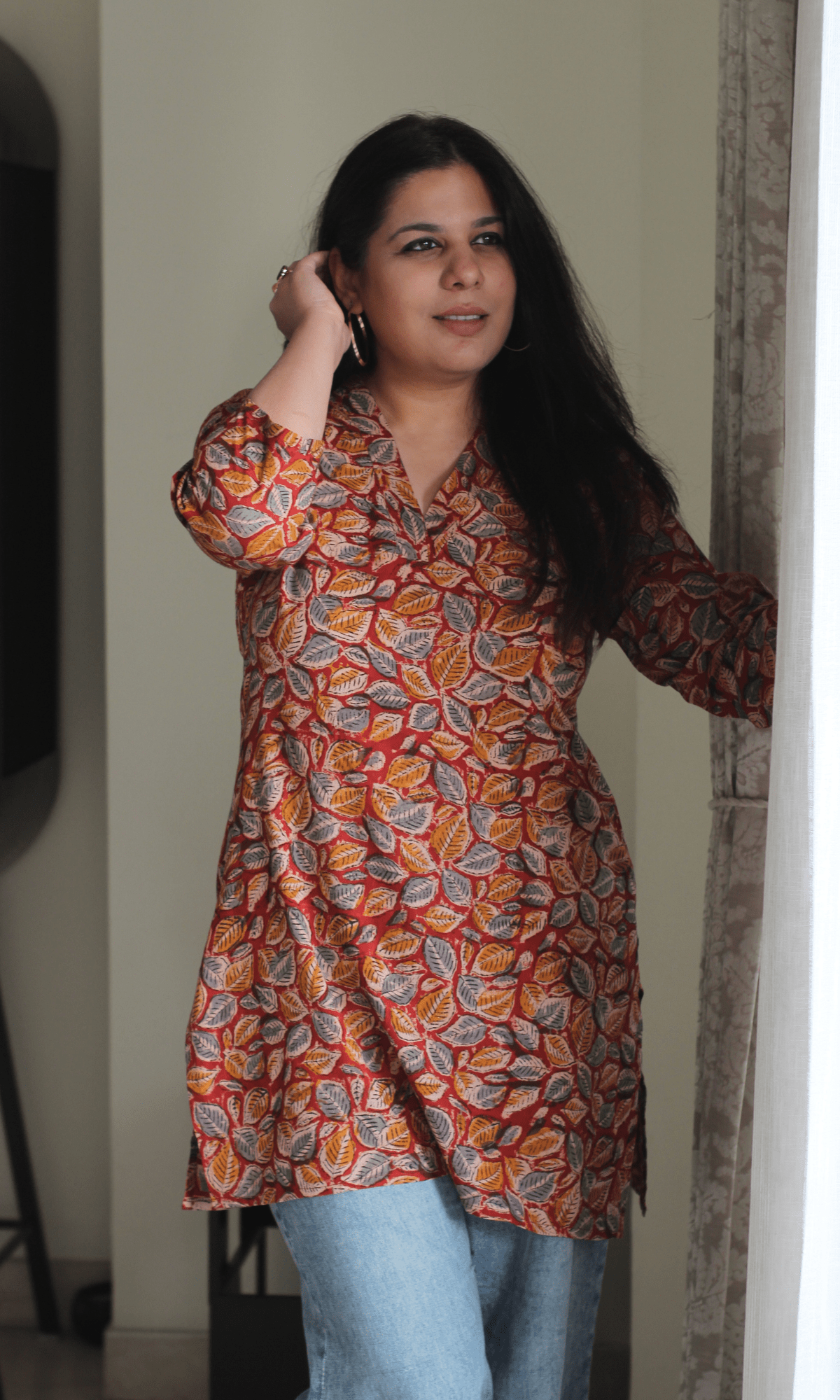 Cotton Red & Blue Leaf Print Kalamkari Short Kurta - Baareeki