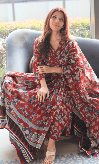 Cotton Red Fort Print Suit with Cotton Dupatta - Baareeki