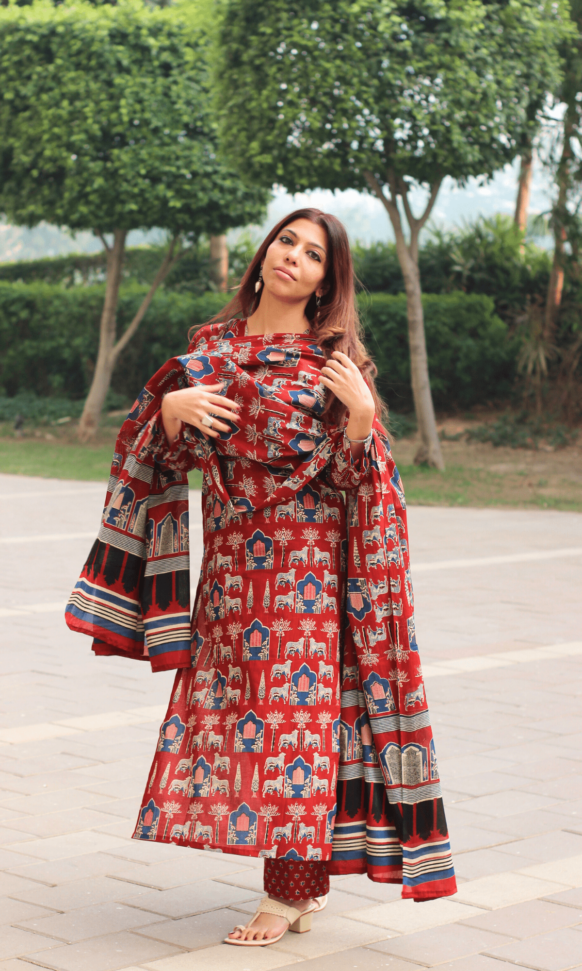 Cotton Red Fort Print Suit with Cotton Dupatta - Baareeki