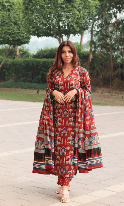 Cotton Red Fort Print Suit with Cotton Dupatta - Baareeki