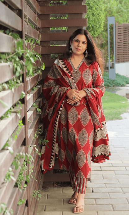 Cotton Red Geometric Ajrakh Print Suit with Cotton Printed Dupatta - Baareeki