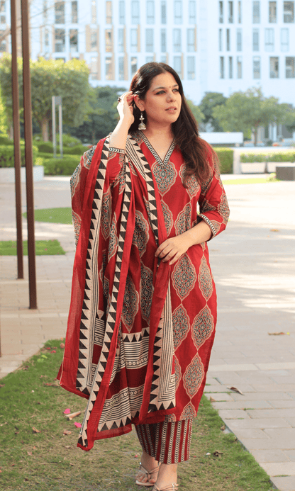 Cotton Red Geometric Ajrakh Print Suit with Cotton Printed Dupatta - Baareeki