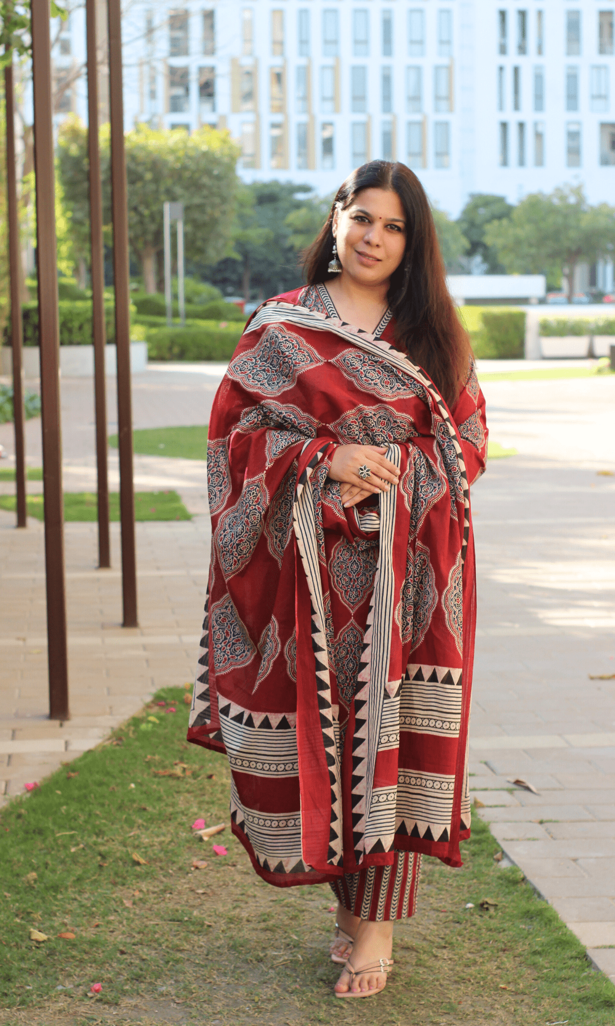 Cotton Red Geometric Ajrakh Print Suit with Cotton Printed Dupatta - Baareeki