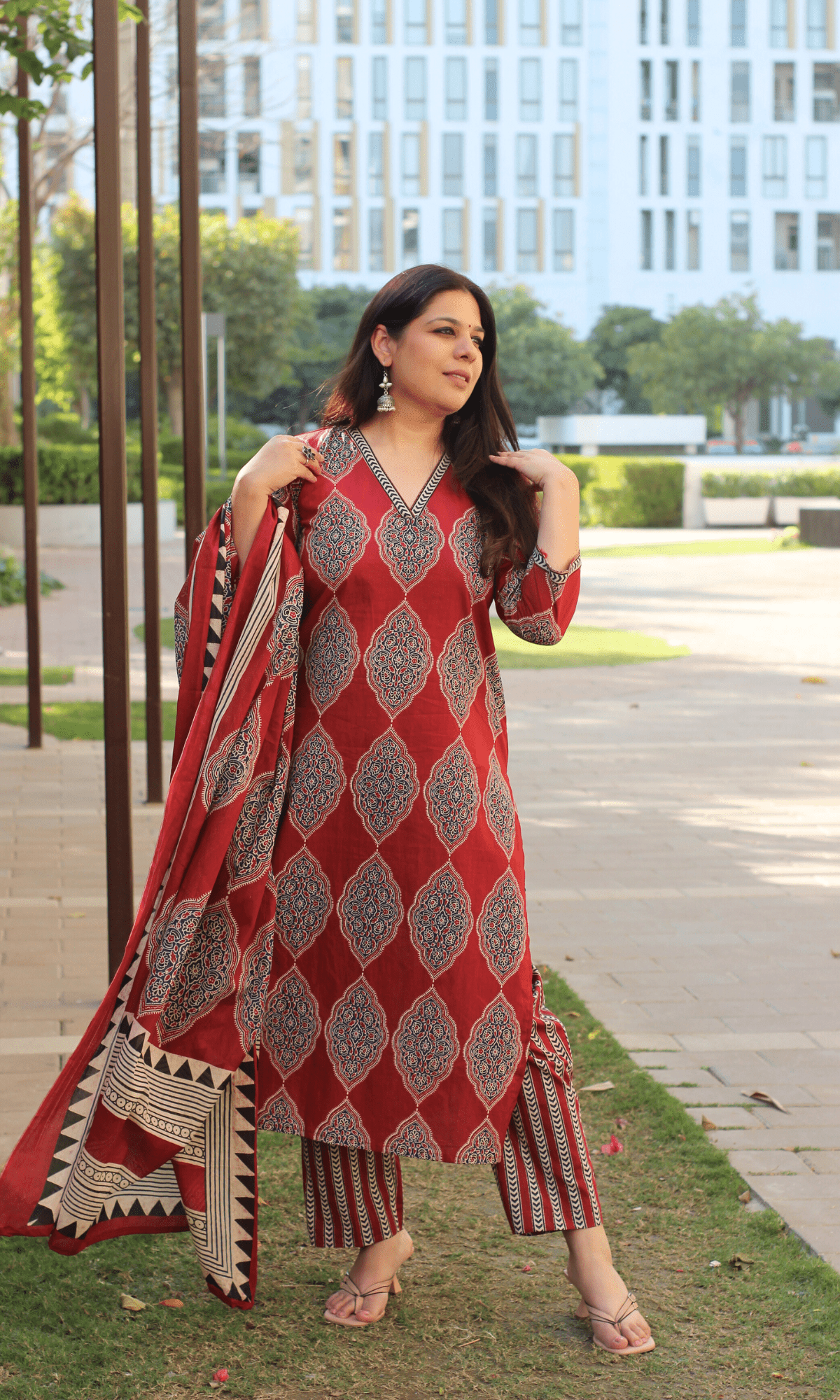 Cotton Red Geometric Ajrakh Print Suit with Cotton Printed Dupatta - Baareeki