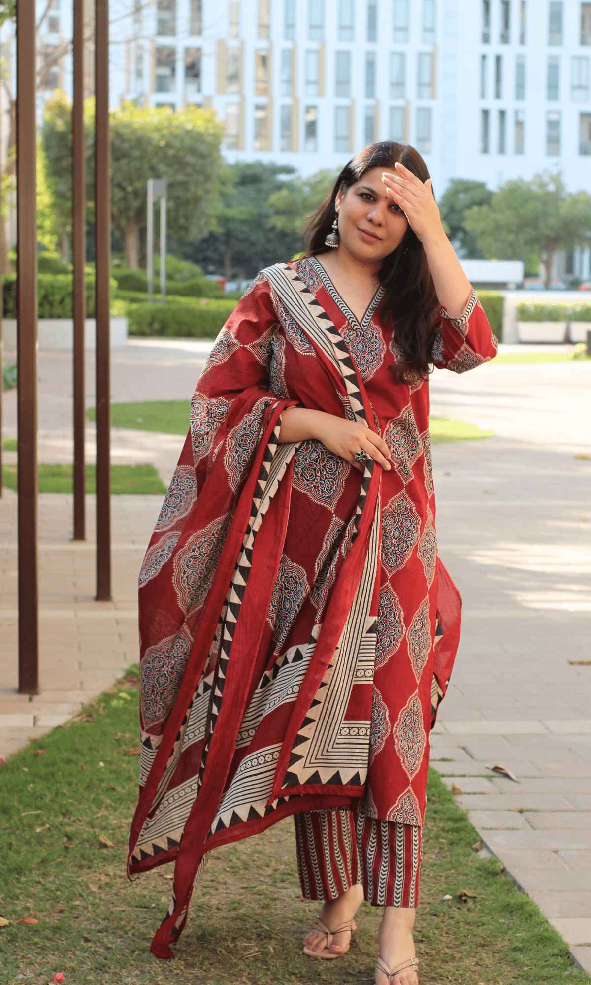 Cotton Red Geometric Ajrakh Print Suit with Cotton Printed Dupatta - Baareeki