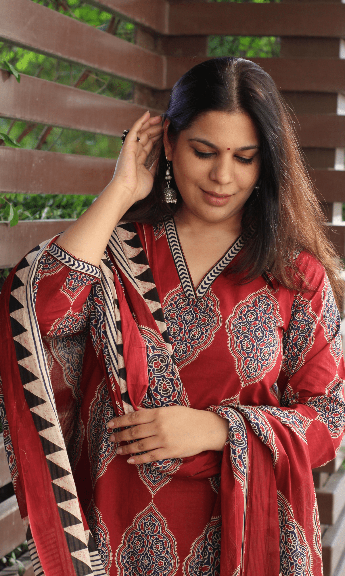 Cotton Red Geometric Ajrakh Print Suit with Cotton Printed Dupatta - Baareeki