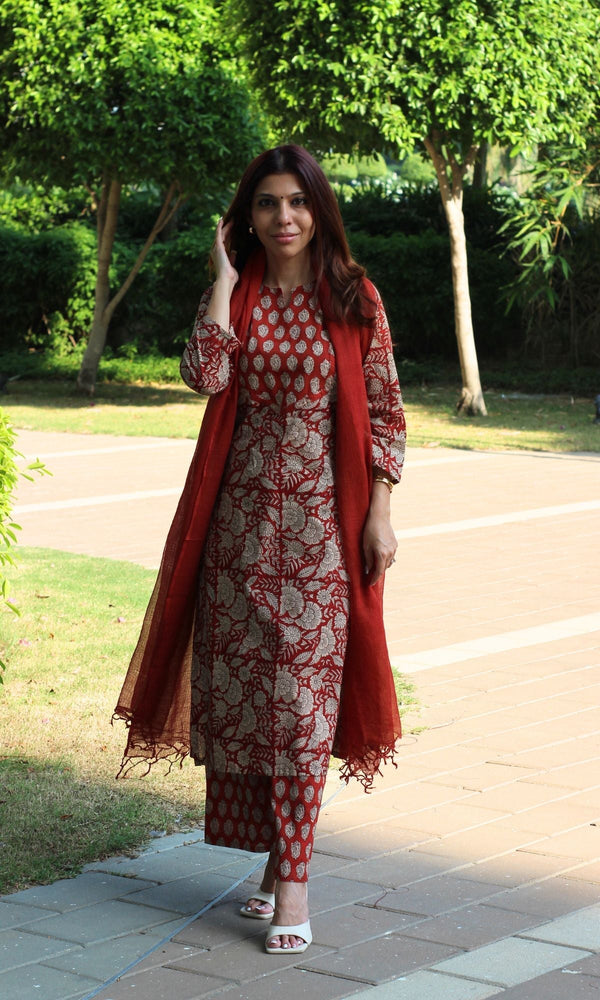 Cotton Red Handblock Kalamkari Suit Set with Kota Doria Dupatta - Baareeki