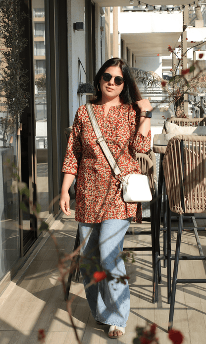 Cotton Red Kalamkari Handblock Short Kurti - Baareeki