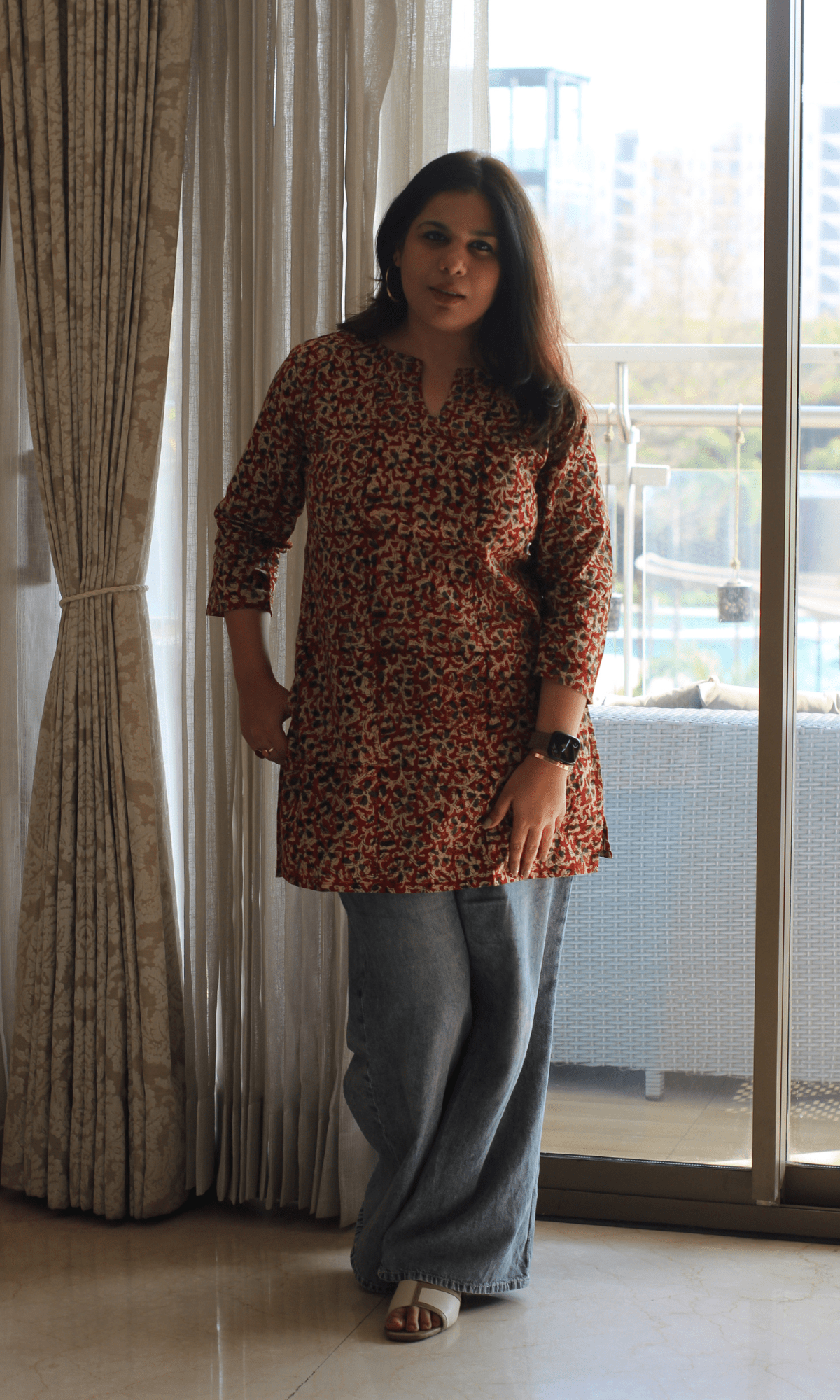 Cotton Red Kalamkari Handblock Short Kurti - Baareeki