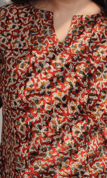 Cotton Red Kalamkari Handblock Short Kurti - Baareeki