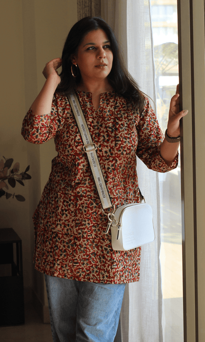 Cotton Red Kalamkari Handblock Short Kurti - Baareeki