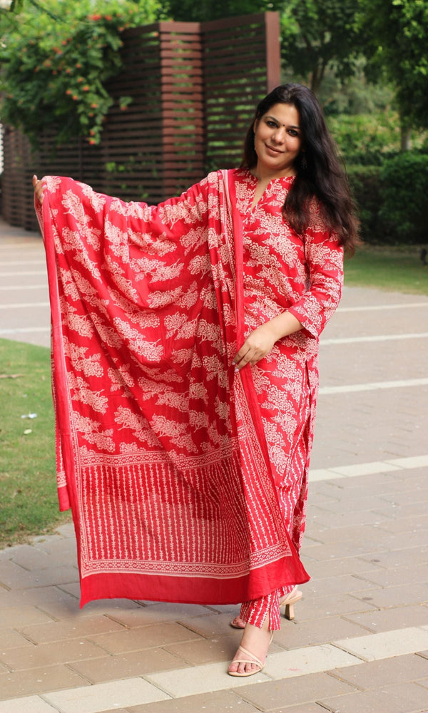 Cotton Red Printed Suit Set with Mul Printed Dupatta - Baareeki