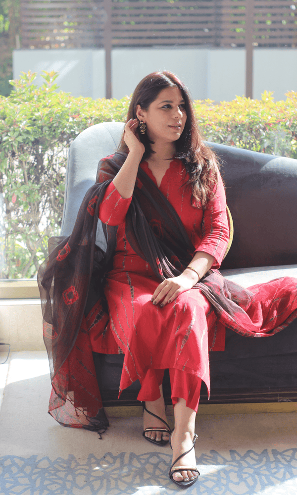 Cotton Red Tie & Dye Suit with Chiffon Tie & Dye Dupatta - Baareeki