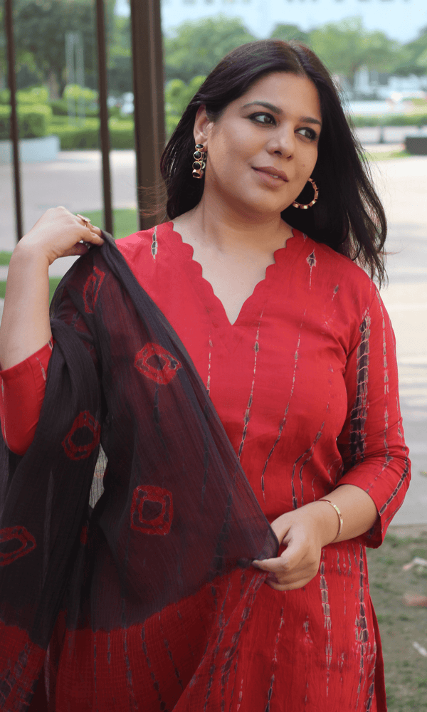 Cotton Red Tie & Dye Suit with Chiffon Tie & Dye Dupatta - Baareeki