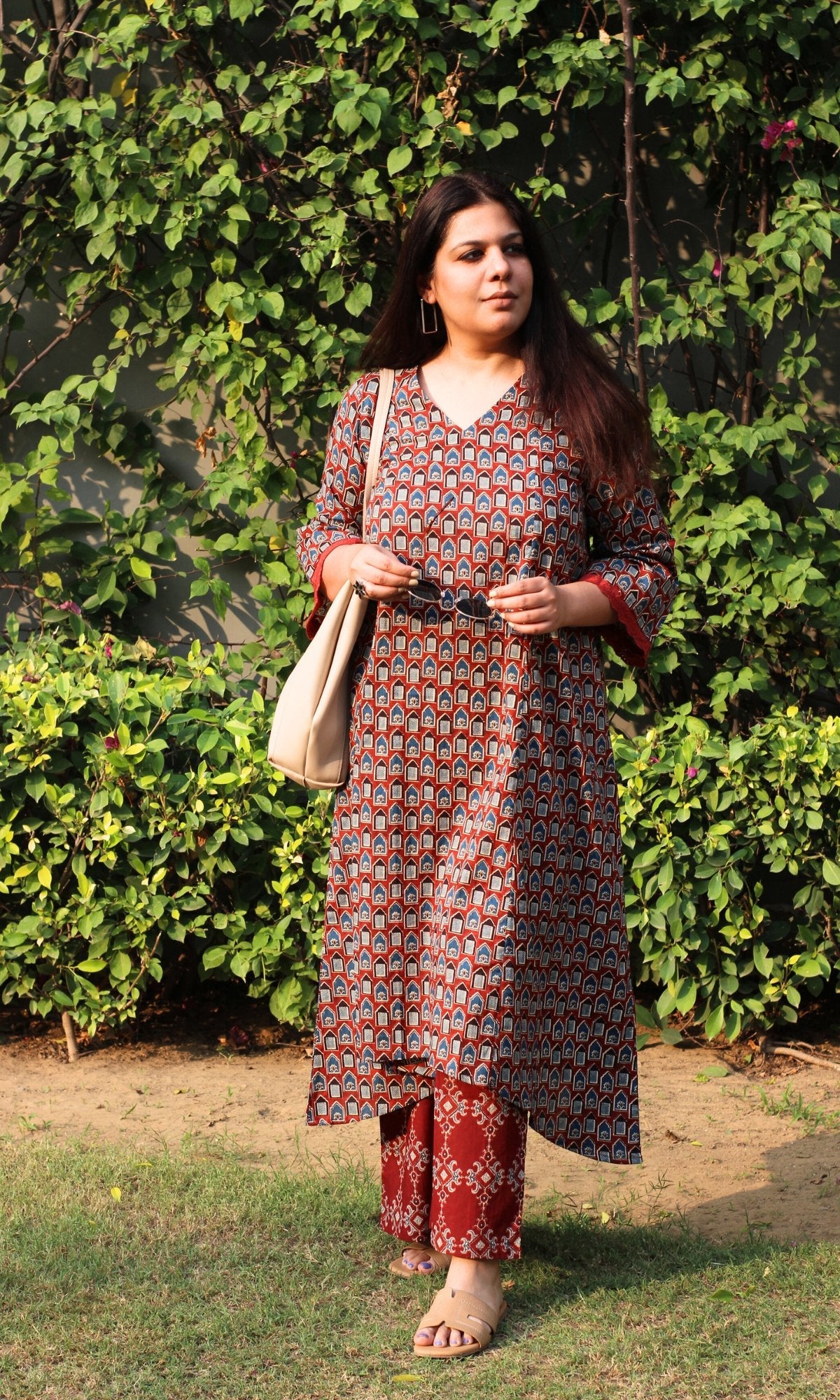 Cotton Rust Ajrakh Palace Print High Low Kurta & Palazzo - Baareeki