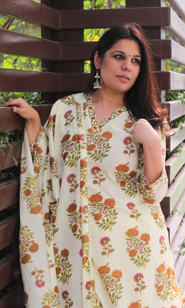 Cotton Sanganeri Pale Lemon Suit Set with Cotton Printed Dupatta - Baareeki