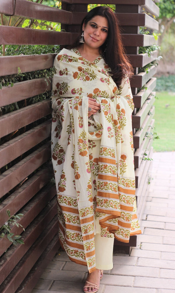 Cotton Sanganeri Pale Lemon Suit Set with Cotton Printed Dupatta - Baareeki