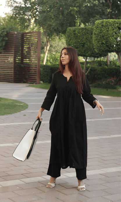 Cotton Slub Black Pleated Coord Set - Baareeki