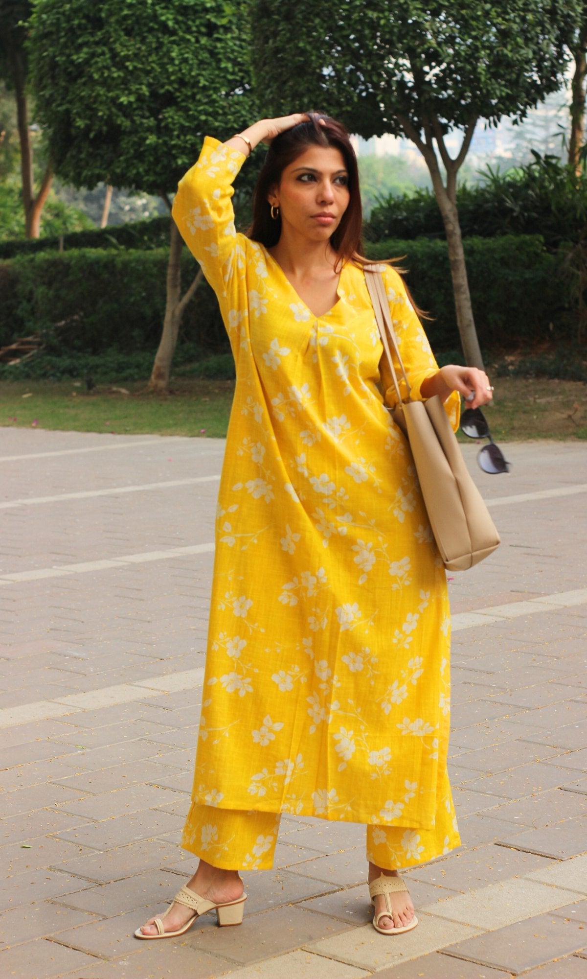 Cotton Slub Bright Yellow Pleated Kurta with Pants - Baareeki