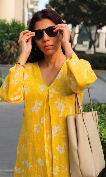 Cotton Slub Bright Yellow Pleated Kurta with Pants - Baareeki