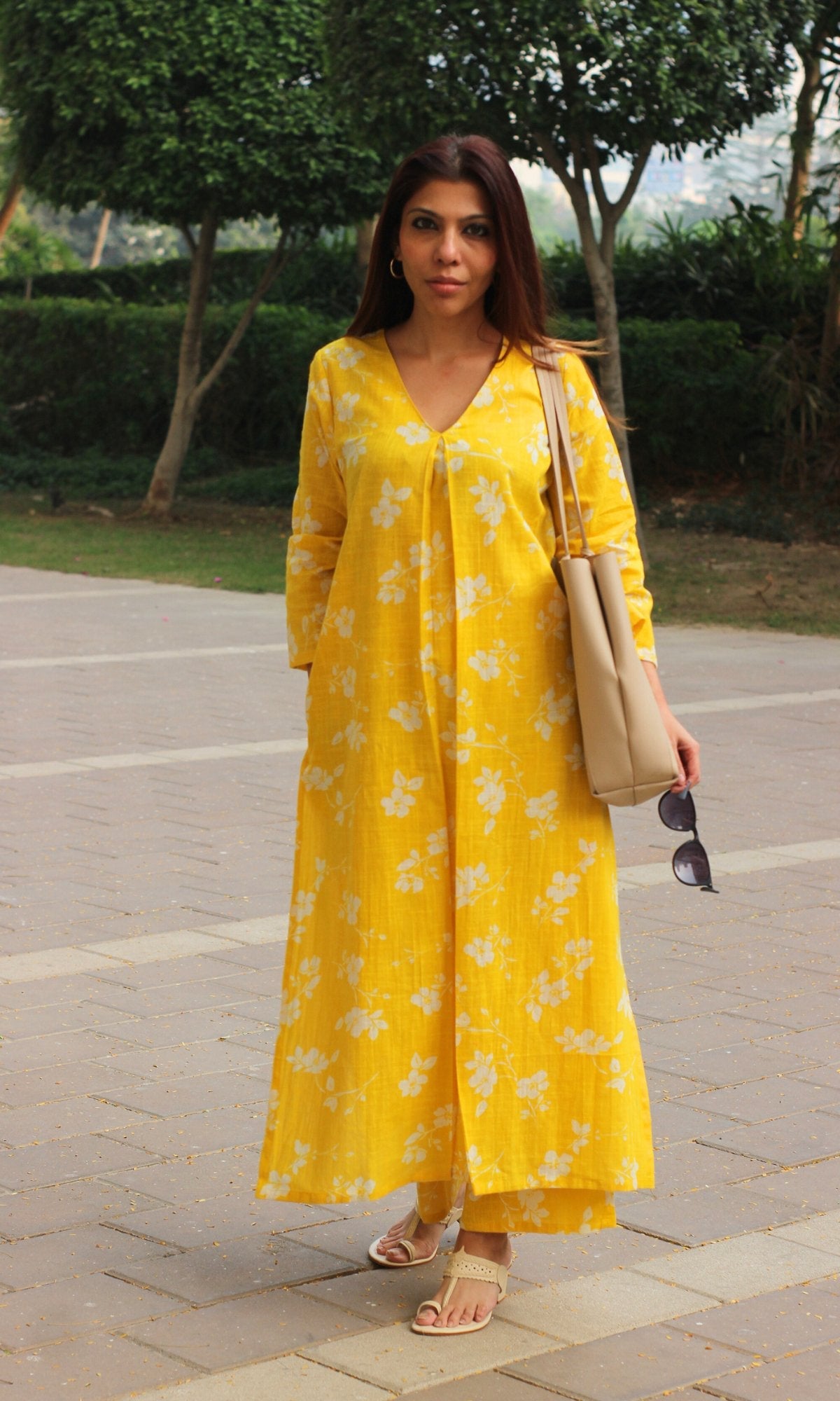 Cotton Slub Bright Yellow Pleated Kurta with Pants - Baareeki