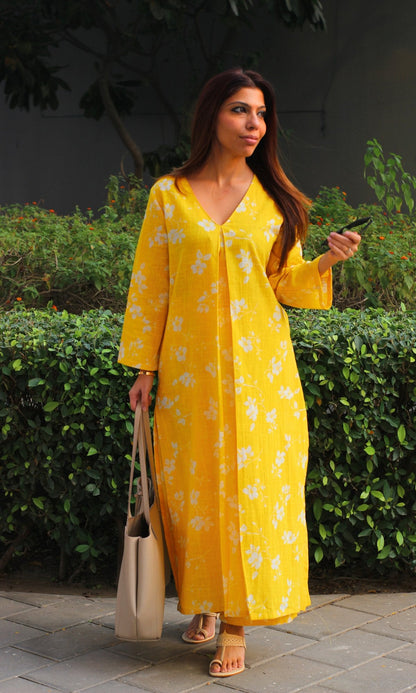 Cotton Slub Bright Yellow Pleated Kurta with Pants - Baareeki