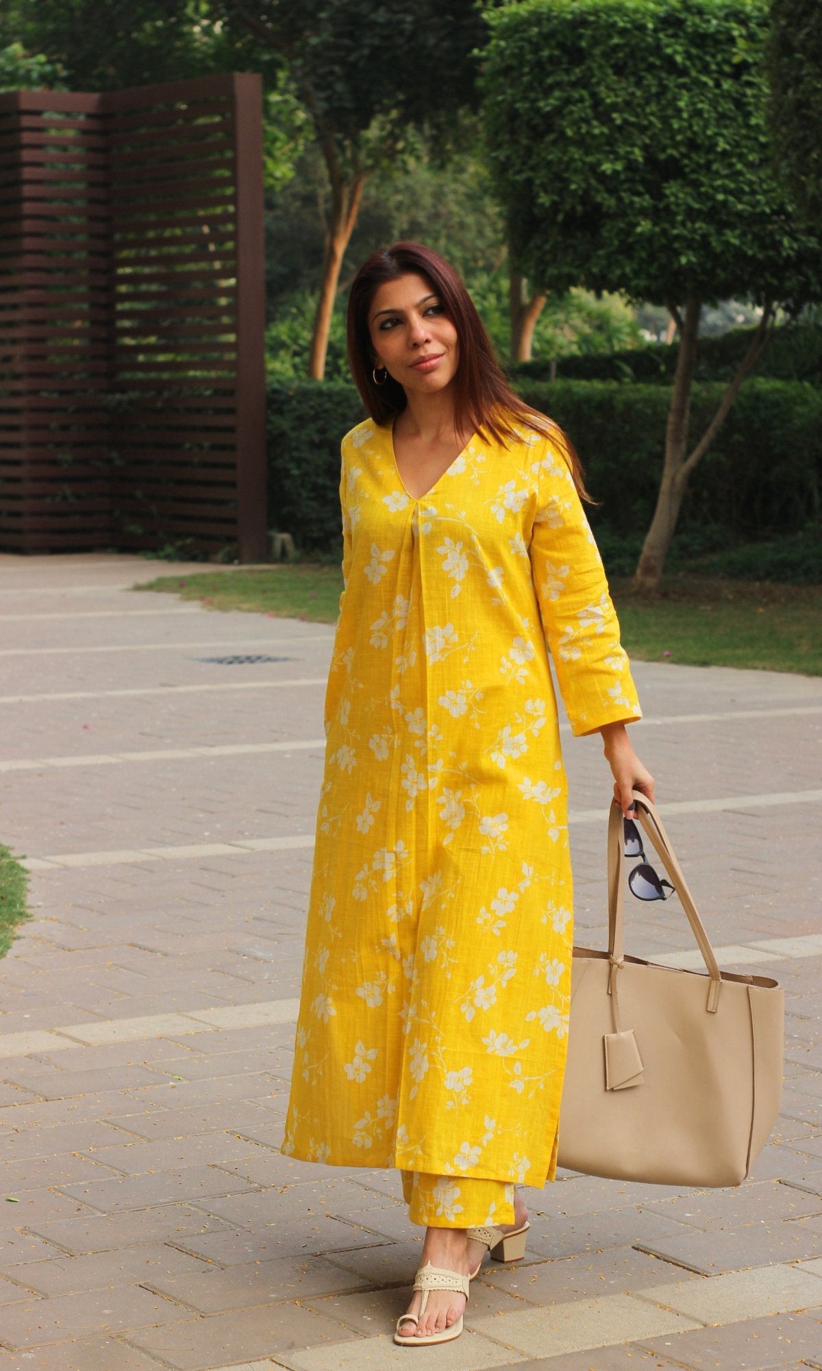 Cotton Slub Bright Yellow Pleated Kurta with Pants - Baareeki