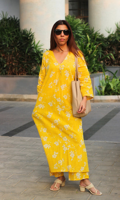 Cotton Slub Bright Yellow Pleated Kurta with Pants - Baareeki