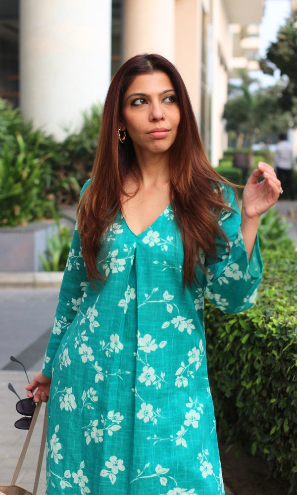 Cotton Slub Jade Pleated Kurta with Pants - Baareeki