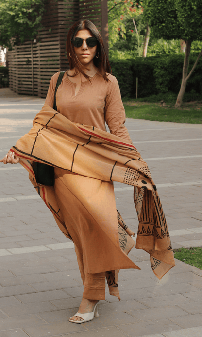 Cotton Slub Latte Brown Suit with Mul Line - wave Dupatta - Baareeki