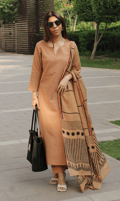 Cotton Slub Latte Brown Suit with Mul Line - wave Dupatta - Baareeki