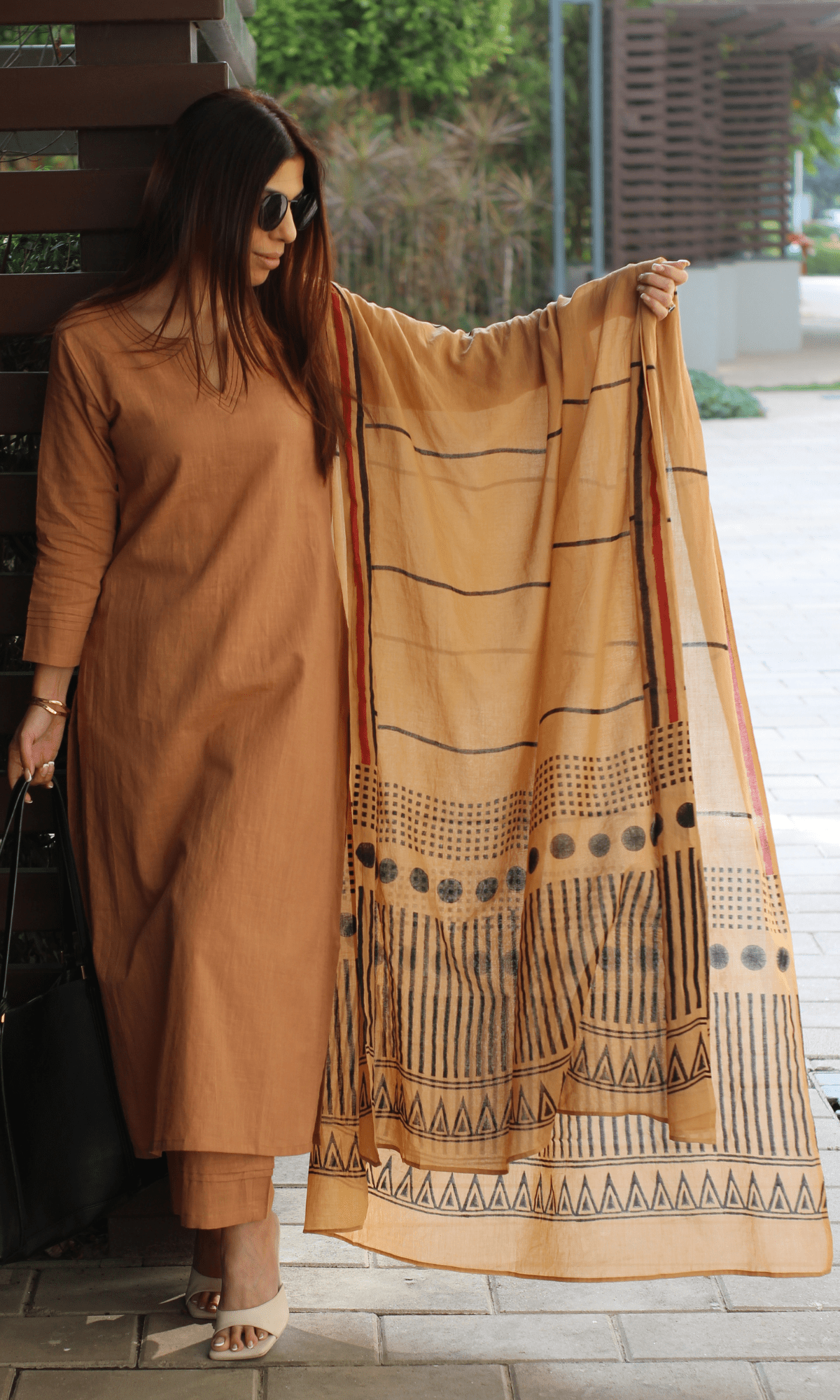 Cotton Slub Latte Brown Suit with Mul Line - wave Dupatta - Baareeki