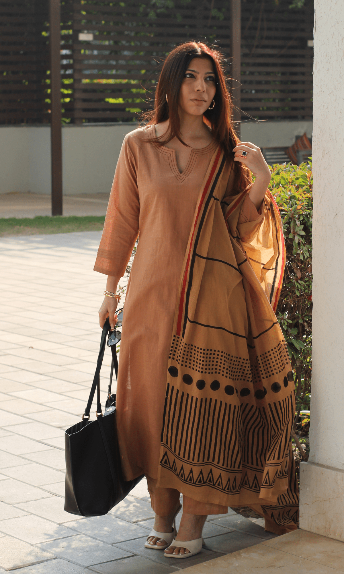 Cotton Slub Latte Brown Suit with Mul Line - wave Dupatta - Baareeki