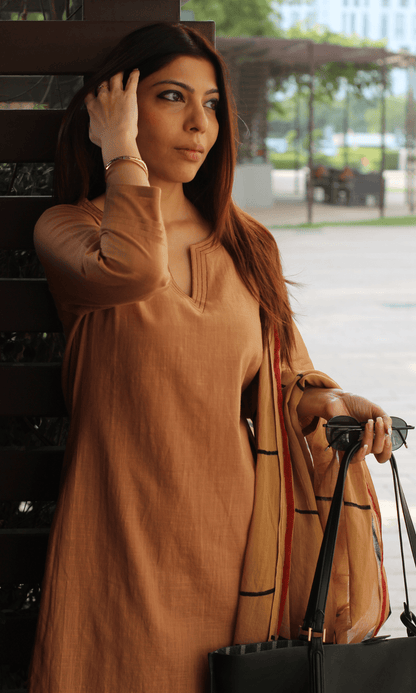 Cotton Slub Latte Brown Suit with Mul Line - wave Dupatta - Baareeki