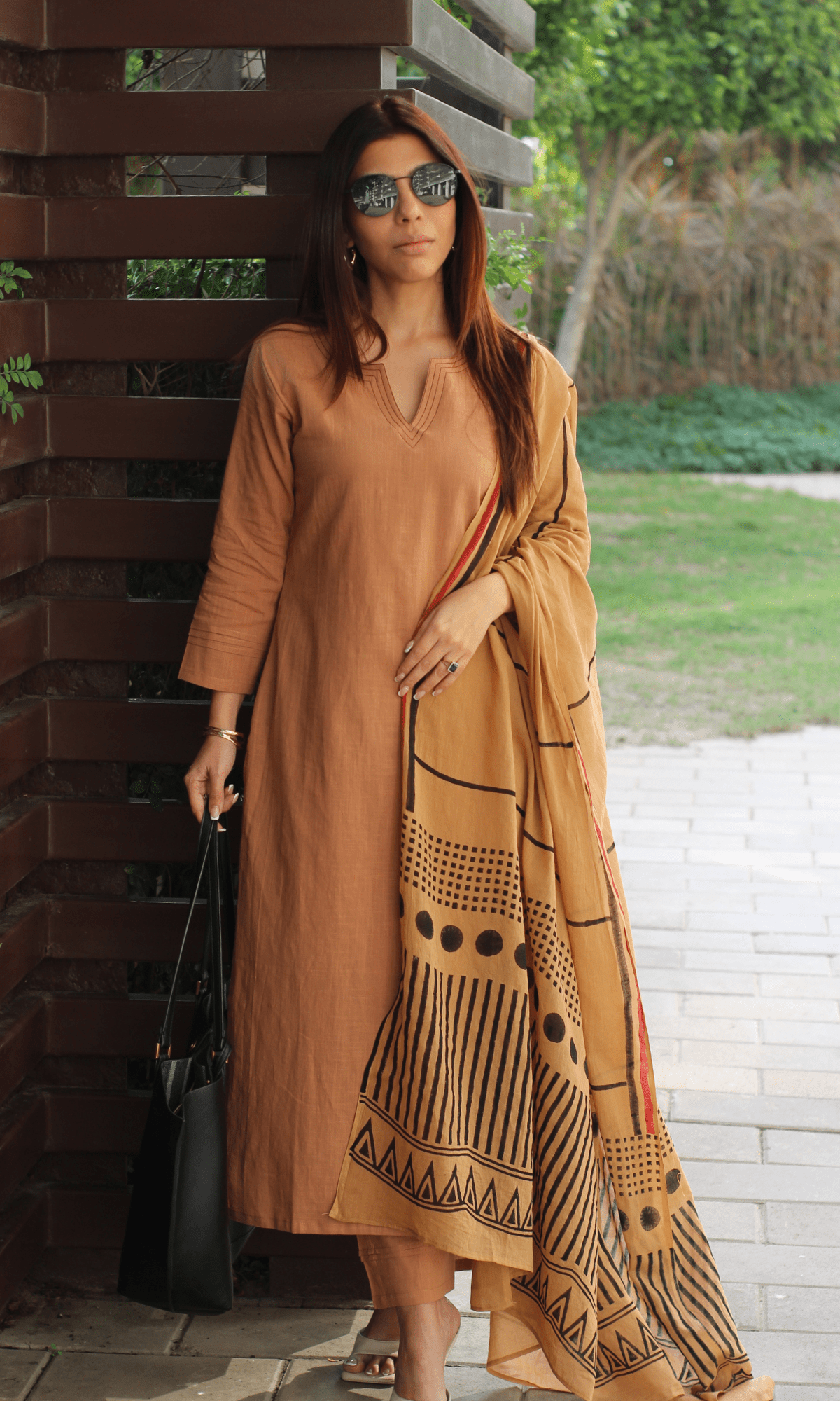 Cotton Slub Latte Brown Suit with Mul Line - wave Dupatta - Baareeki