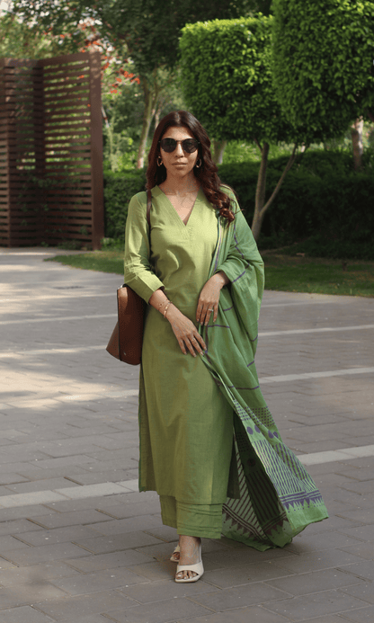 Cotton Slub Pickle Green Suit with Cotton Line Wave Dupatta - Baareeki