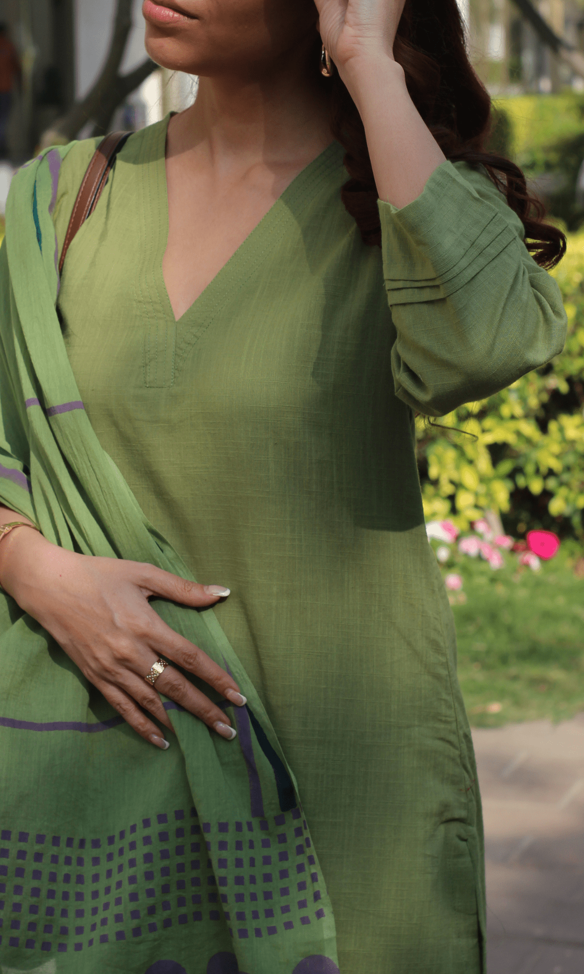 Cotton Slub Pickle Green Suit with Cotton Line Wave Dupatta - Baareeki