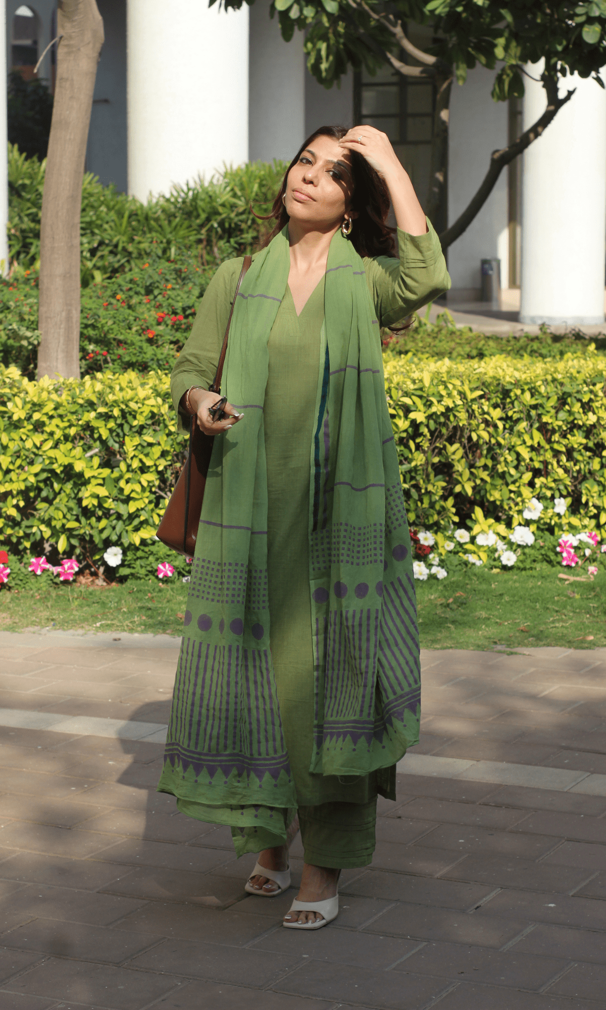 Cotton Slub Pickle Green Suit with Cotton Line Wave Dupatta - Baareeki