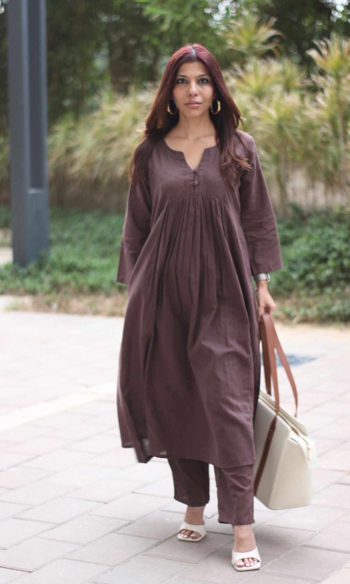 Cotton Slub Pleated Buttoned Mocha Brown Coord Set - Baareeki