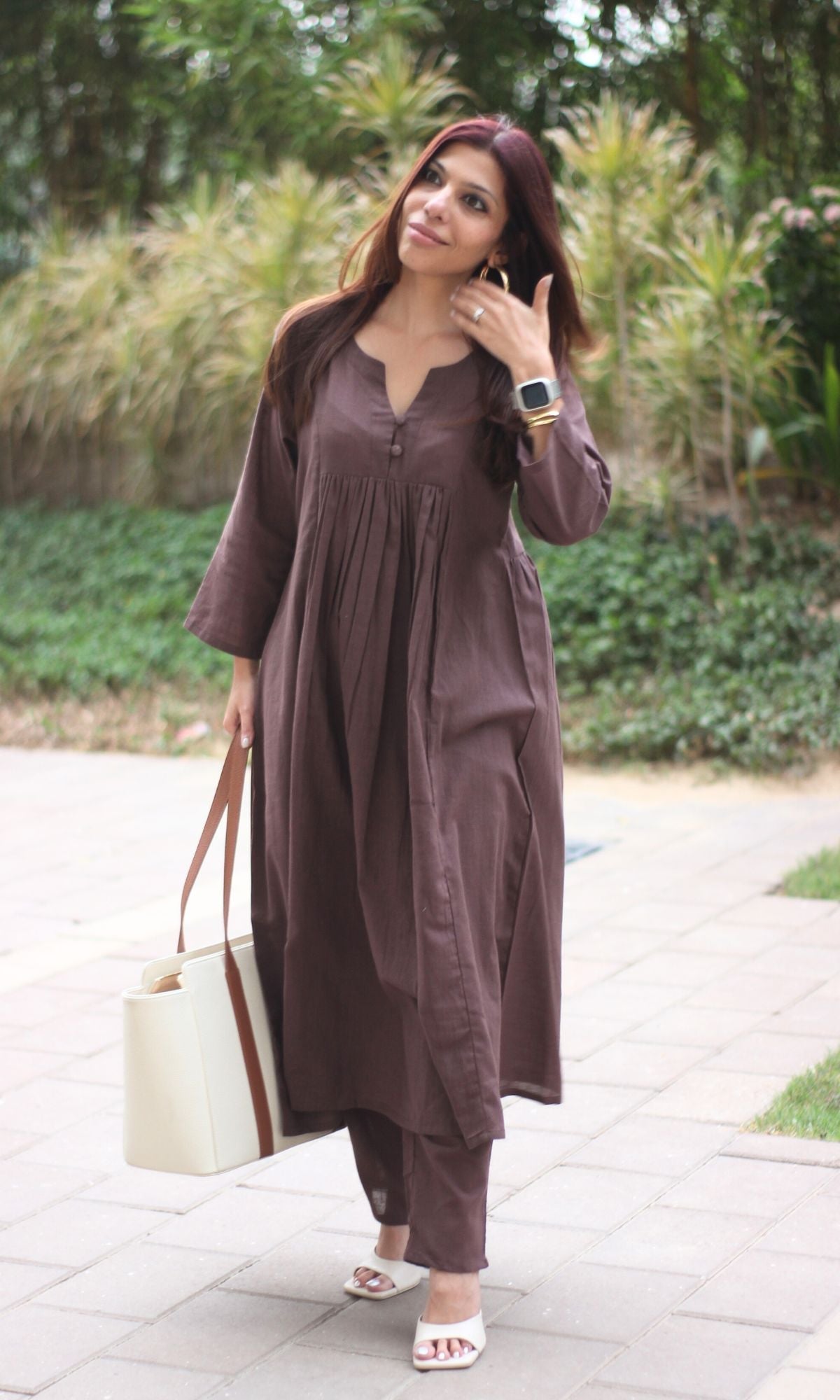 Cotton Slub Pleated Buttoned Mocha Brown Coord Set - Baareeki