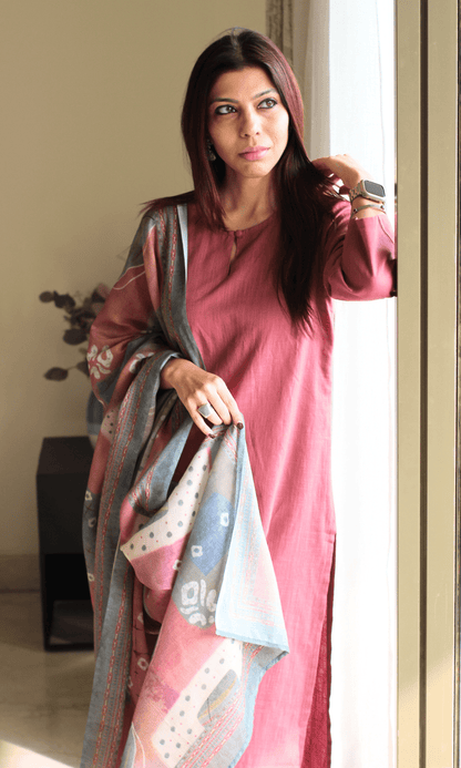 Cotton Slub Rose Suit with Mul Printed Dupatta - Baareeki